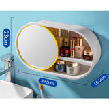 NNEAGS 39cm Oval Wall-Mounted Mirror Storage Box Vanity Mirror Rack Bathroom Adhesive Shelf Home Organiser Decor