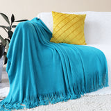 NNEAGS Blue Acrylic Knitted Throw Blanket Solid Fringed Warm Cozy Woven Cover Couch Bed Sofa Home Decor