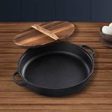 NNEAGS 2X 35cm Round Cast Iron Pre-seasoned Deep Baking Pizza Frying Pan Skillet with Wooden Lid