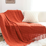 NNEAGS 2X Red Diamond Pattern Knitted Throw Blanket Warm Cozy Woven Cover Couch Bed Sofa Home Decor with Tassels