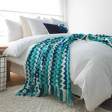 NNEAGS 2X 170cm Blue Zigzag Striped Throw Blanket Acrylic Wave Knitted Fringed Woven Cover Couch Bed Sofa Home Decor