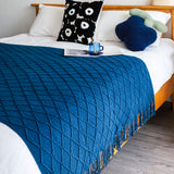 NNEAGS 2X Royal Blue Diamond Pattern Knitted Throw Blanket Warm Cozy Woven Cover Couch Bed Sofa Home Decor with Tassels