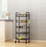 NNEAGS 5 Tier Steel Black Bee Mesh Kitchen Cart Multi-Functional Shelves Portable Storage Organizer with Wheels