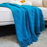 NNEAGS 2X Blue Diamond Pattern Knitted Throw Blanket Warm Cozy Woven Cover Couch Bed Sofa Home Decor with Tassels