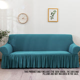 NNEAGS 4-Seater Blue Sofa Cover with Ruffled Skirt Couch Protector High Stretch Lounge Slipcover Home Decor