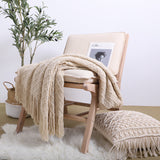 NNEAGS 2X Beige Diamond Pattern Knitted Throw Blanket Warm Cozy Woven Cover Couch Bed Sofa Home Decor with Tassels