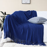 NNEAGS 2X Royal Blue Acrylic Knitted Throw Blanket Solid Fringed Warm Cozy Woven Cover Couch Bed Sofa Home Decor