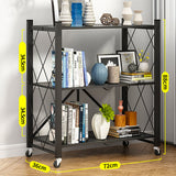 NNEAGS 3 Tier Steel Black Foldable Kitchen Cart Multi-Functional Shelves Portable Storage Organizer with Wheels