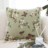 NNEAGS 45cm Matcha Green French Vintage Butterfly Loves Flowers Tassel Throw pillow