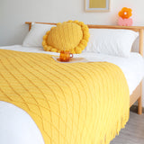 NNEAGS 2X Yellow Diamond Pattern Knitted Throw Blanket Warm Cozy Woven Cover Couch Bed Sofa Home Decor with Tassels