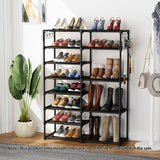 NNEAGS 12-Shelf Tier Shoe Storage Shelf Space-Saving Caddy Rack Organiser with Side Hooks Black