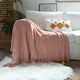 NNEAGS Pink Textured Knitted Throw Blanket Warm Cozy Woven Cover Couch Bed Sofa Home Decor with Tassels