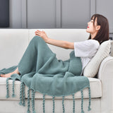 NNEAGS 2X Green Tassel Fringe Knitting Blanket Warm Cozy Woven Cover Couch Bed Sofa Home Decor