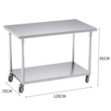 NNEAGS 120cm Commercial Catering Kitchen Stainless Steel Prep Work Bench Table with Wheels