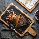 NNEAGS 33.5cm Black Square Wooden Serving Tray Slate Steak Serving Platter Chopping Board Paddle Home Decor