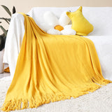 NNEAGS Yellow Acrylic Knitted Throw Blanket Solid Fringed Warm Cozy Woven Cover Couch Bed Sofa Home Decor
