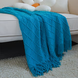 NNEAGS Blue Diamond Pattern Knitted Throw Blanket Warm Cozy Woven Cover Couch Bed Sofa Home Decor with Tassels