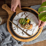 NNEAGS 30cm White Circle Wooden Serving Tray Slate Steak Serving Platter Chopping Board Paddle Home Decor