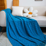 NNEAGS 2X Blue Diamond Pattern Knitted Throw Blanket Warm Cozy Woven Cover Couch Bed Sofa Home Decor with Tassels
