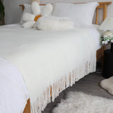 NNEAGS 2X White Acrylic Knitted Throw Blanket Solid Fringed Warm Cozy Woven Cover Couch Bed Sofa Home Decor