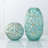 NNEAGS 2X Green Colored Diamond Cut Glass Flower Vase Round Jar Home Decor with Gold Accent Large and Medium Set