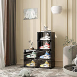 NNEAGS 2X 2 Tier Black Portable Shoe Organiser Sneaker Footwear Folding Plastic Bin Stackable Storage Box with Magnetic Door