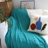 NNEAGS 2X Teal Diamond Pattern Knitted Throw Blanket Warm Cozy Woven Cover Couch Bed Sofa Home Decor with Tassels