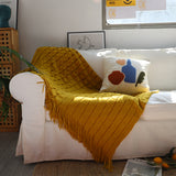 NNEAGS Mustard Textured Knitted Throw Blanket Warm Cozy Woven Cover Couch Bed Sofa Home Decor with Tassels