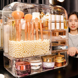 NNEAGS 2X Transparent Cosmetic Storage Box Clear Makeup Skincare Holder with Lid Drawers Waterproof  Dustproof Organiser with Pearls