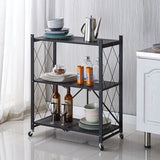 NNEAGS 3 Tier Steel Black Foldable Kitchen Cart Multi-Functional Shelves Portable Storage Organizer with Wheels
