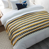 NNEAGS 2X 170cm Yellow Zigzag Striped Throw Blanket Acrylic Wave Knitted Fringed Woven Cover Couch Bed Sofa Home Decor