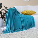 NNEAGS Blue Acrylic Knitted Throw Blanket Solid Fringed Warm Cozy Woven Cover Couch Bed Sofa Home Decor