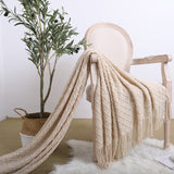 NNEAGS 2X Beige Diamond Pattern Knitted Throw Blanket Warm Cozy Woven Cover Couch Bed Sofa Home Decor with Tassels