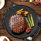 NNEAGS 2X 30cm Round Cast Iron Ribbed BBQ Pan Skillet Steak Sizzle Platter with Handle