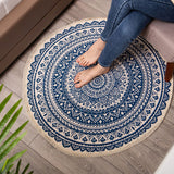 NNEAGS 2X Dark Blue Carpet Soft Linen Bohemian Non-Slip Floor Retro Minimalist Round Rug Home Decor with Tassels