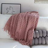 NNEAGS 2X  Pink Diamond Pattern Knitted Throw Blanket Warm Cozy Woven Cover Couch Bed Sofa Home Decor with Tassels