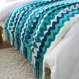 NNEAGS 2X 170cm Blue Zigzag Striped Throw Blanket Acrylic Wave Knitted Fringed Woven Cover Couch Bed Sofa Home Decor