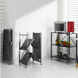 NNEAGS 3 Tier Steel Black Foldable Kitchen Cart Multi-Functional Shelves Portable Storage Organizer with Wheels