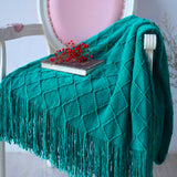 NNEAGS 2X Teal Diamond Pattern Knitted Throw Blanket Warm Cozy Woven Cover Couch Bed Sofa Home Decor with Tassels