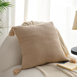 NNEAGS 2X 45cm Off-White Wabi-Sabi Raised Pillow Cotton Striped Large Tassel Square Pillow Throw Pillow