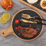 NNEAGS 2X 30cm Black Circle Wooden Serving Tray Slate Steak Serving Platter Chopping Board Paddle Home Decor