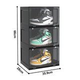 NNEAGS 2X 3 Tier Black Portable Shoe Organiser Sneaker Footwear Folding Plastic Bin Stackable Storage Box with Magnetic Door