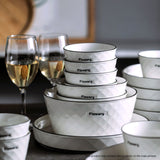 NNEAGS Diamond Pattern Ceramic Dinnerware Crockery Soup Bowl Plate Server Kitchen Home Decor Set of 8