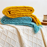 NNEAGS Yellow Diamond Pattern Knitted Throw Blanket Warm Cozy Woven Cover Couch Bed Sofa Home Decor with Tassels