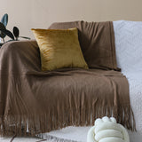 NNEAGS 2X Coffee Acrylic Knitted Throw Blanket Solid Fringed Warm Cozy Woven Cover Couch Bed Sofa Home Decor