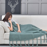 NNEAGS 2X Green Tassel Fringe Knitting Blanket Warm Cozy Woven Cover Couch Bed Sofa Home Decor