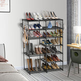 NNEAGS 12-Shelf Tier Shoe Storage Shelf Space-Saving Caddy Rack Organiser with Side Hooks Black