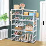 NNEAGS 2X 12-Shelf Tier Shoe Storage Shelf Space-Saving Caddy Rack Organiser with Side Hooks White