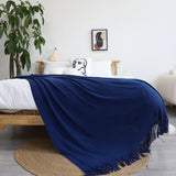 NNEAGS Royal Blue Acrylic Knitted Throw Blanket Solid Fringed Warm Cozy Woven Cover Couch Bed Sofa Home Decor