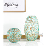 NNEAGS 2X Green Colored Diamond Cut Glass Flower Vase Round Jar Home Decor with Gold Accent Large and Medium Set